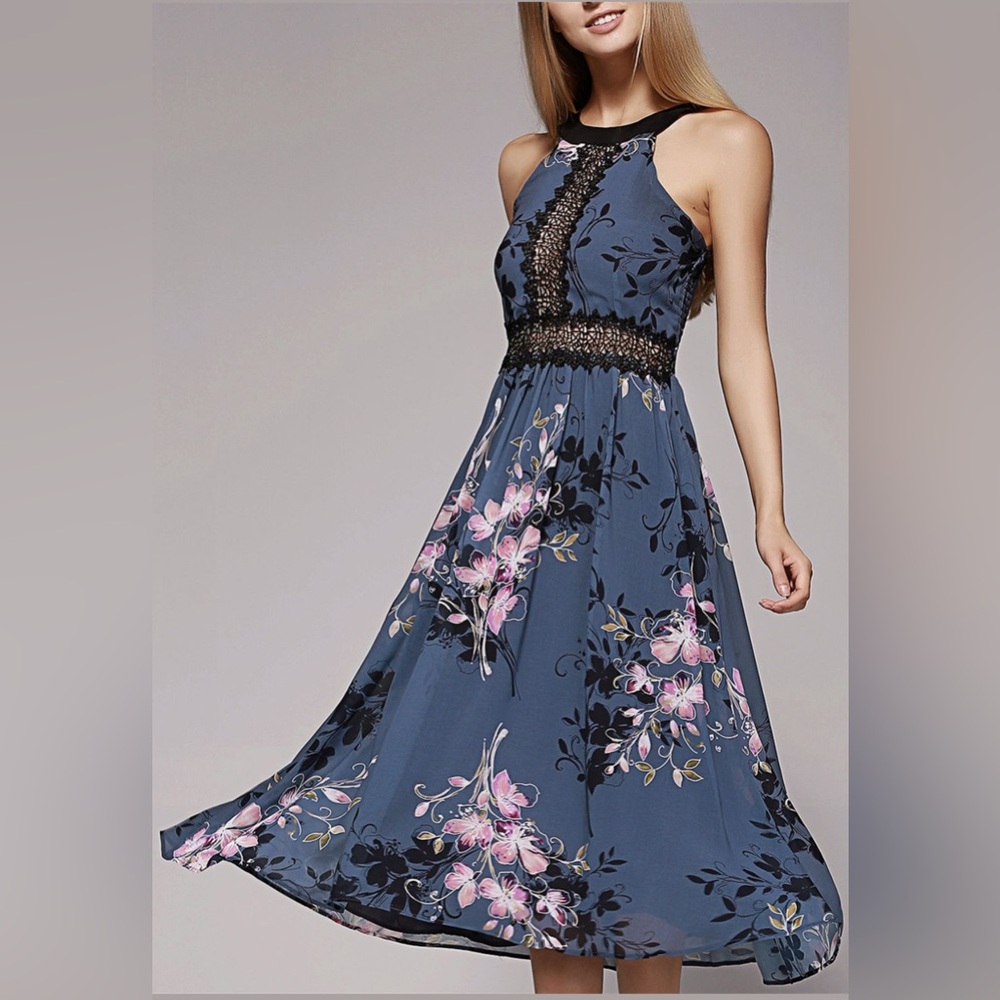 Little Mistress High Neck Midi dress with Lace Insert - Gray floral